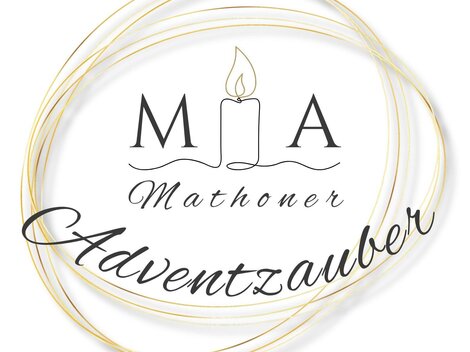 Ein elegantes Logo mit dem Schriftzug "Mathoner Adventzauber". Im Zentrum befindet sich eine stilisierte Kerze, umgeben von einem goldenen Kreis.