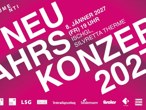 A poster for the New Year's concert 2027. The date is January 8, 2027, at 7 p.m. in Ischgl, Silvretta Therme.