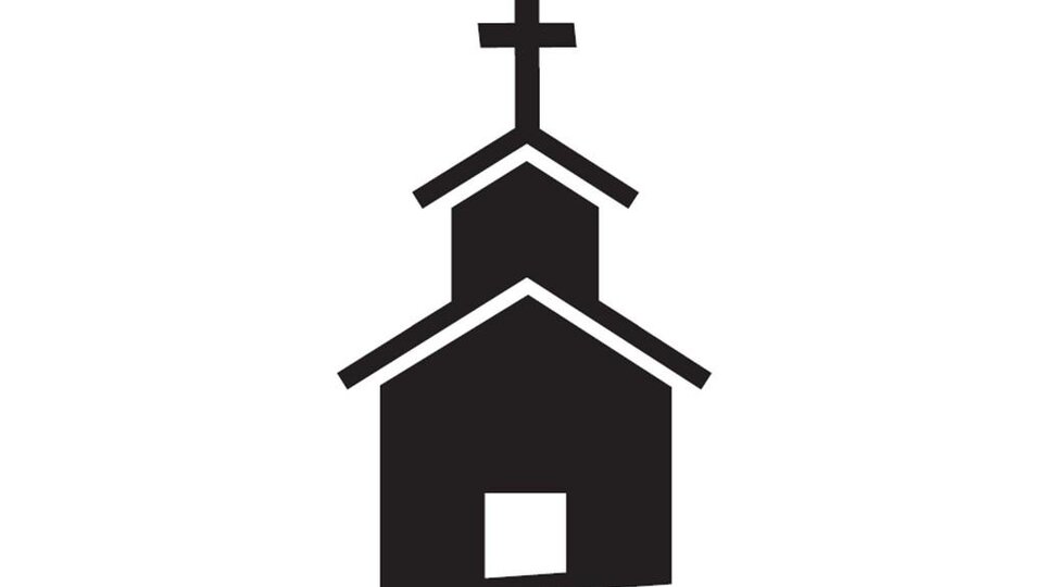 Ein einfaches, stilisiertes Bild einer Kirche mit einem Kreuz auf dem Dach. Die Silhouette zeigt ein traditionelles Kirchengebäude.